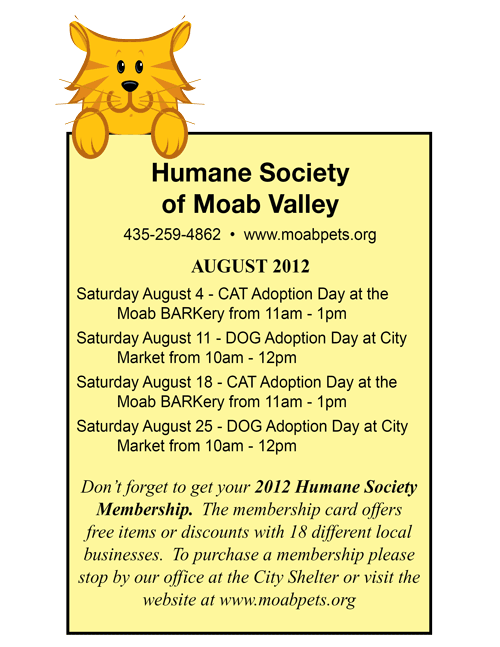 Humane Society of Moab Valley Adoption Day dates for August 2012